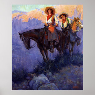 Vintage Cowboys, Mann und Frau auf Pferden, Anders Poster