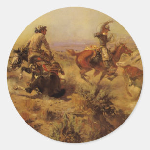 Vintage Cowboys, von CM Russell zu Boden gerissen Runder Aufkleber