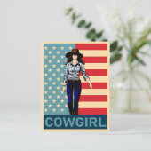 Vintage Cowgirl American Flag Postkarte (Stehend Vorderseite)