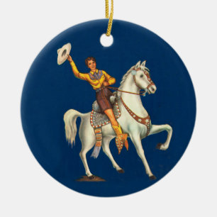 Vintage-Cowgirl auf einem Pferd, das ihren Hut sch Keramik Ornament
