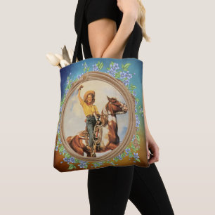 Vintage-Cowgirl auf einem Pferd mit Lasso-Blumen Tasche