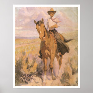 Vintage-Cowgirl Cowboy, Frau auf Pferd von Dunton Poster