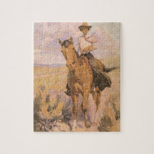 Vintage Cowgirl Cowboy, Frau auf Pferd von Dunton Puzzle