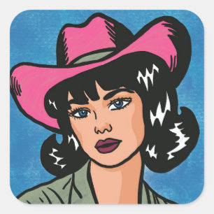 Vintage-Cowgirl, Handgezeichneter Pop-Art Quadratischer Aufkleber