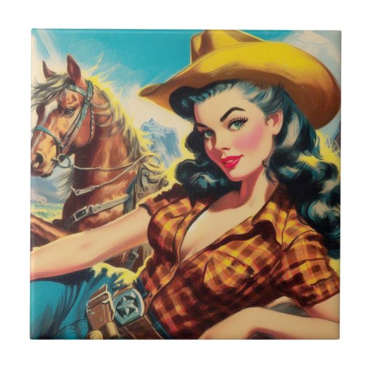 Vintage Cowgirl-Malerei Fliese (Vorderseite)
