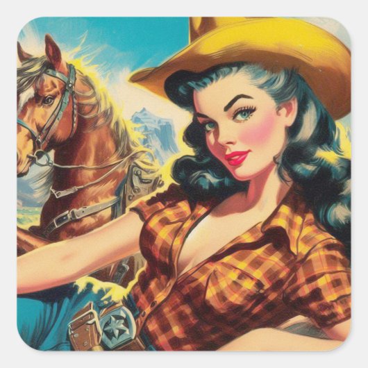 Vintage Cowgirl-Malerei Quadratischer Aufkleber (Vorderseite)