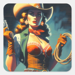 Vintage Cowgirl-Malerei Quadratischer Aufkleber