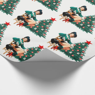 Vintage-Cowgirl mit roten Stiefeln und Weihnachtsb Geschenkpapier
