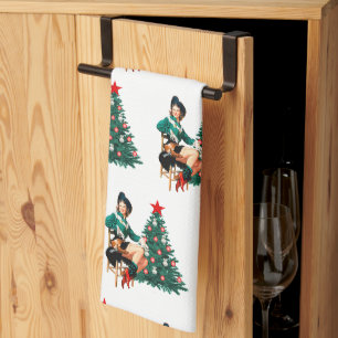 Vintage-Cowgirl mit Weihnachtsbaum  Geschirrtuch