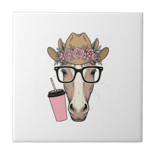 Vintage-Cowgirl-Pferd mit Blumen und rosa Getränk Fliese