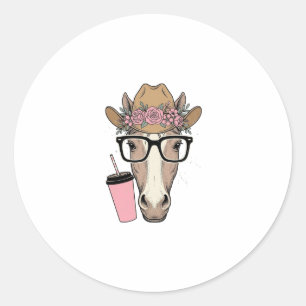 Vintage-Cowgirl-Pferd mit Blumen und rosa Getränk Runder Aufkleber
