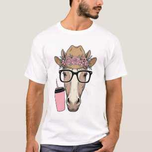 Vintage-Cowgirl Pferd mit Blumen und rosa Getränk T-Shirt