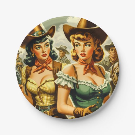 Vintage Cowgirls für Button Pappteller (Vorderseite)