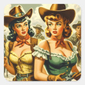 Vintage Cowgirls für Button Quadratischer Aufkleber (Vorderseite)