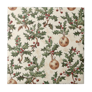 Vintage Cream Holly Berry Gold Kugel Weihnachten Fliese