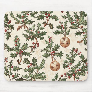 Vintage Cream Holly Berry Gold Kugel Weihnachten Mousepad