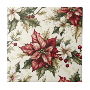 Vintage Creme-Roter Weihnachtsstern-Stechpalme-Wei Fliese