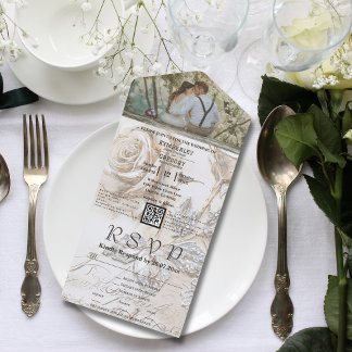 Vintage Creme Silver Rose Blumenkode QR Foto All In One Einladung