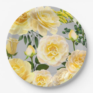 Vintage, cremegelbe Rosen auf Grau Pappteller
