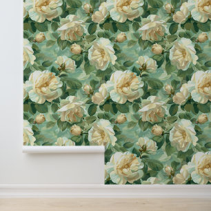 Vintage cremige Rose & grüne Blütenblätter romanti Tapete