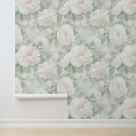 Vintage cremige Rose und pastellgrüne Blätter Tapete