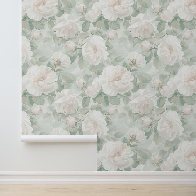 Vintage cremige Rose und pastellgrüne Blätter Tapete (Anwendung)