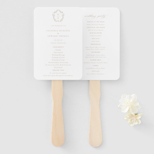 Vintage Crest Beige Monogramm Hochzeitsprogramm Fächer (Vorne und Hinten)