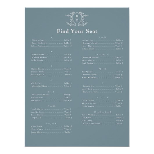 Vintage Crest Monogram Blau Sitzordnung Poster (Vorderseite)