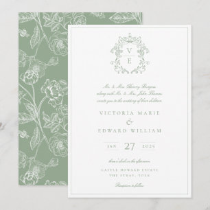 Vintage Crest Monogramm Hochzeit Salbei Einladung