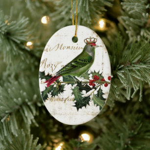 Vintage Crown Green Bird und Stechpalme Keramik Ornament