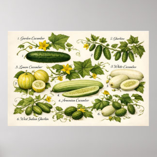 Vintage Cucumber Varieties Botanical Illustration Poster