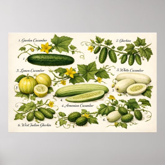 Vintage Cucumber Varieties Botanical Illustration  Poster (Vorne)