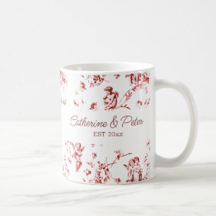Vintage Cupid Angels Bloral Red Toile Couple Names Kaffeetasse