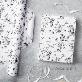 Vintage-Cupid-Engel Floral Schwarz Weiß Toile Geschenkpapier