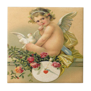 Vintage, Cupid Engel, Taube und Rosen Fliese