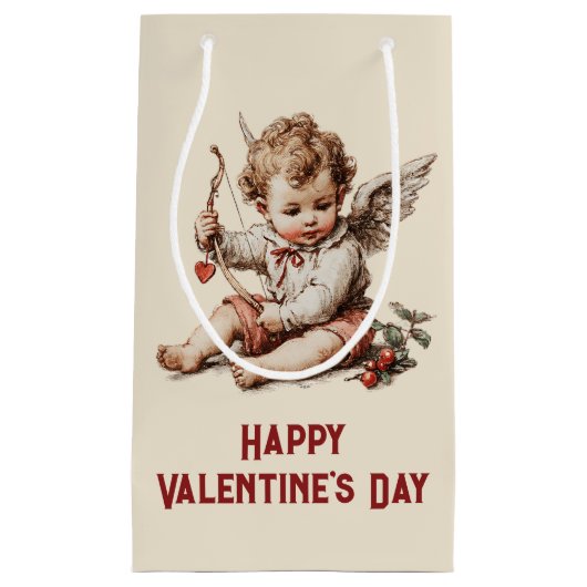 Vintage Cupid mit Herz-Bogen Kleine Geschenktüte (Vorderseite)