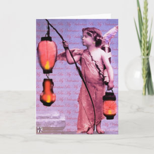 Vintage Cupid Valentine Lila Hefefeuerzange Latern Feiertagskarte