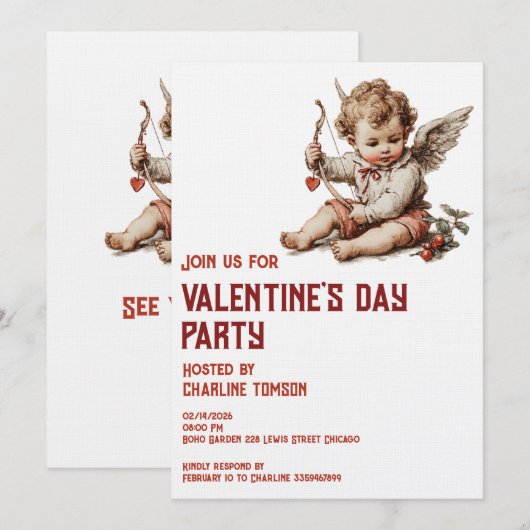 Vintage Cupid With Heart Bow Einladung (Vorne/Hinten)