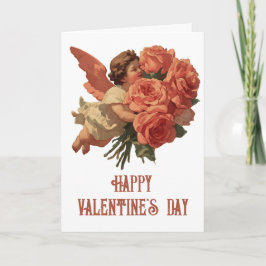 Vintage Cupid with Rose Bouquet Karte