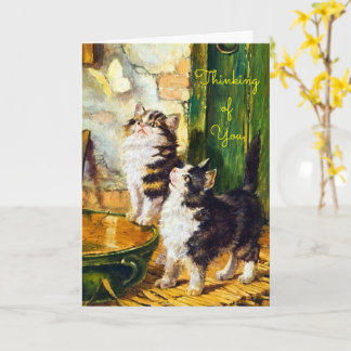 Vintage Curious Kittens Butterfly Thinking of You Karte