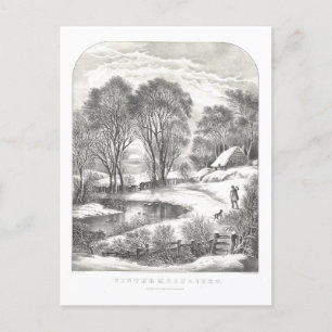 Vintage Currier & Ives Wintermondlicht-Lithografie Postkarte