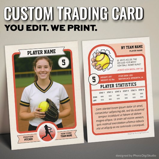 Vintage Custom Softball Trading Card, Red Player Telefonnummerkarte