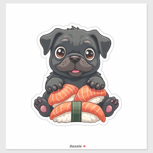 Vintage Cute Black Pug Sushi Cartoon Vector Illust Aufkleber (Blatt)
