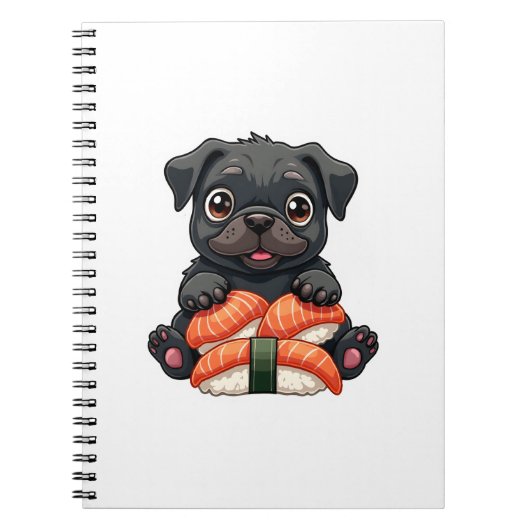 Vintage Cute Black Pug Sushi Cartoon Vector Illust Notizblock (Vorderseite)
