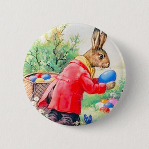 Vintage Cute Bunny and Colorful Easter Eggs Button