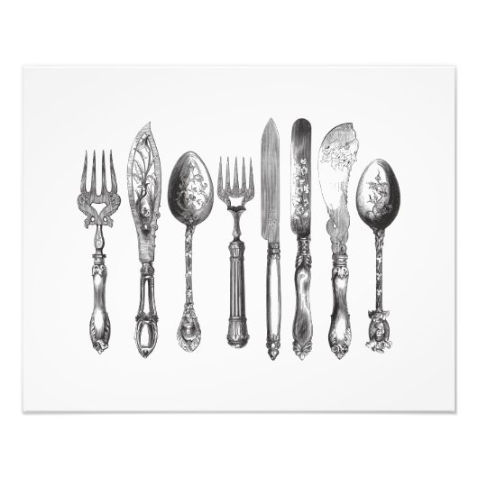 Vintage Cutlery Black White Fork Spoon Knife 1800s Fotodruck (Vorne)