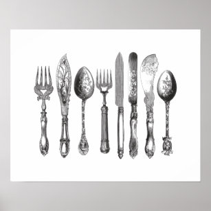 Vintage Cutlery Black White Fork Spoon Knife 1800s Poster