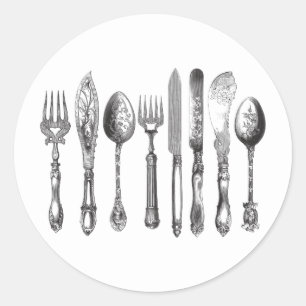 Vintage Cutlery Black White Fork Spoon Knife 1800s Runder Aufkleber