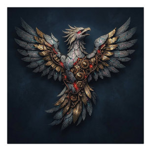 Vintage Cyber-Phoenix: Gealtertes Gold & Neon-Myth Fotodruck