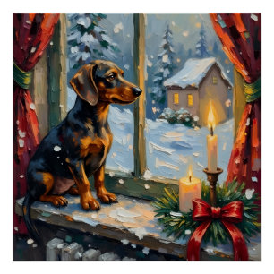 Vintage-Dachshund am gemütlichen Weihnachtsfenster Poster